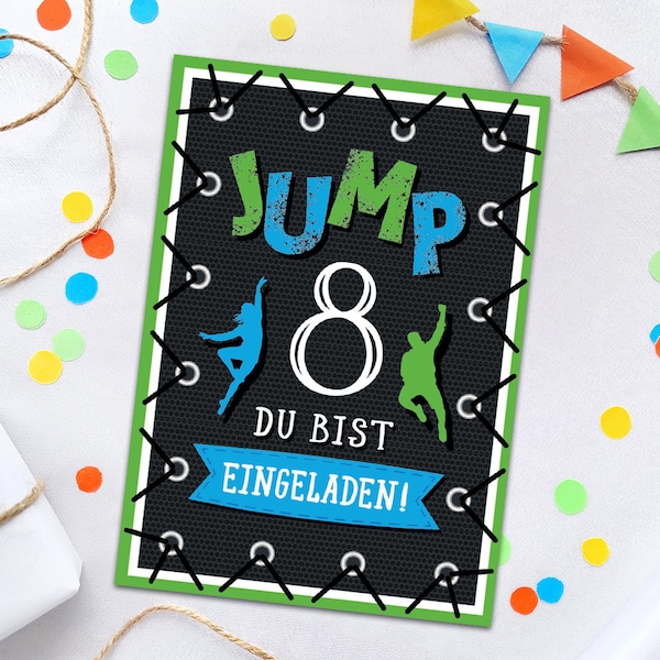 Einladungskarten zum 8. Kindergeburtstag Jump Trampolin Einladungen zum achten Geburtstag Mädchen Jungen Motto-Party Geburtstagseinladungen