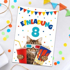 Einladungskarten zum 8. Kindergeburtstag Kino Katze Einladungen zum achten Geburtstag Jungen Mädchen Motto-Party Geburtstagseinladungen