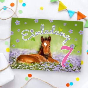 Einladungskarten zum 7. Kindergeburtstag Pferd Einladungen zum siebten Geburtstag für Mädchen  Geburtstagseinladungen für Mädchengeburtstag