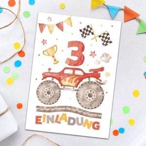 Einladungskarten zum 3. Kindergeburtstag Einladungen zum dritten Geburtstag Jungen Geburtstagseinladungen Monster-Truck Auto Jungs