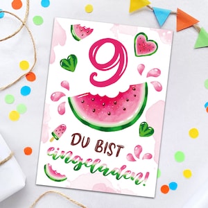 Einladungskarten zum 9. Kindergeburtstag Wassermelone Einladungen zum neunten für Mädchen Geburtstagseinladungen für Mädchengeburtstag