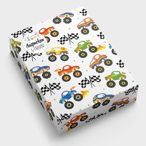 Geschenkpapier Truck Auto Kindermotiv für kleine Geschenke für Kindergeburtstag Weihnachten (A3-Format incl. Aufkleber und Verschlusspunkte)