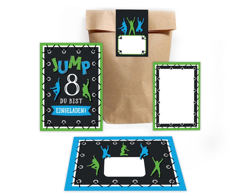 Minkocards 12 Einladungskarten zum 8. Kindergeburtstag Mädchen Jump Trampolin Einladungen achte Geburtstag incl. 12 Umschläge, 12 Partytüten/pink, 12 Aufkleber, 12 Lesezeichen, 12 Mini-Notizblöcke