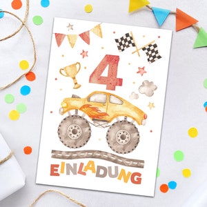 Einladungskarten zum 4. Kindergeburtstag Einladungen zum vierten Geburtstag Jungen Geburtstagseinladungen Monster-Truck Auto Jungs