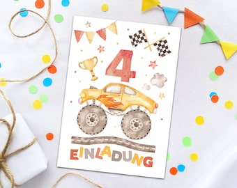 Einladungskarten zum 4. Kindergeburtstag Einladungen zum vierten Geburtstag Jungen Geburtstagseinladungen Monster-Truck Auto Jungs