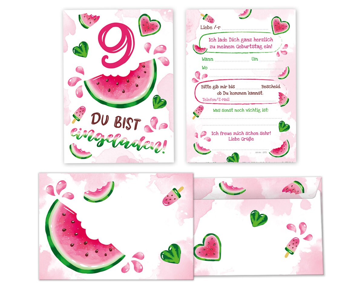 Junapack 12 Einladungskarten + 12 Umschläge – 9. Kindergeburtstag Mädchen, Kaktus-Motiv, A6 Mit UV-Lack