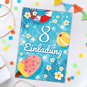 Einladungskarten zum 8. Kindergeburtstag Schwimmbad Pool-Party Einladungen zum achten Geburtstag Mädchen Jungen Geburtstagseinladungen