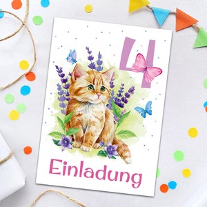 Einladungskarten zum 4. Kindergeburtstag Katze Tiere für Mädchen Einladungen zum vierten Geburtstag bunte coole Geburtstagseinladungen