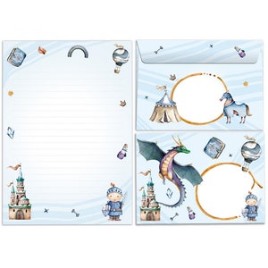 Briefpapier-Set Briefblock mit Umschlägen Ritter Drache für Kinder Jungen (Block A5 mit 25 Blätter + 15 Umschläge) liniert