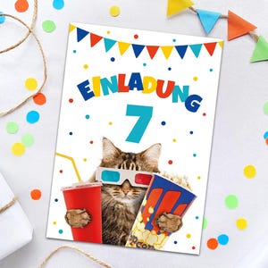 Einladungskarten zum 7. Kindergeburtstag Kino Katze Einladungen zum siebten Geburtstag Jungen Mädchen Motto-Party Geburtstagseinladungen
