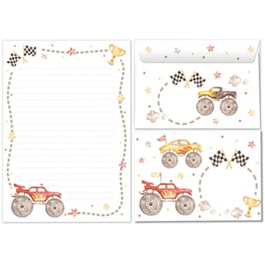 Briefpapier-Set Briefblock mit Umschlägen Monster-Truck für Kinder Jungen (Block A5 mit 25 Blätter + 15 Umschläge) liniert Kindermotiv Jungs