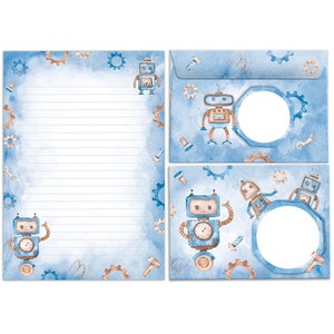 Briefpapier-Set Briefblock mit Umschlägen Roboter für Kinder Jungen (Block A5 mit 25 Blätter + 15 Umschläge) Notizblock liniert