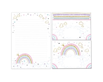 Set de papier à lettres bloc-notes avec enveloppes pour enfants Set de papier à lettres arc-en-ciel (bloc A5 avec 25 feuilles + 15 enveloppes) motif enfant ligné