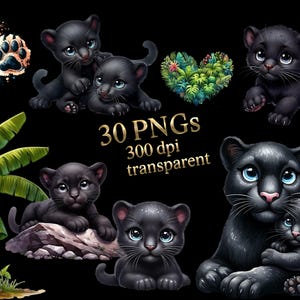 cute panther animal watercolor family mama papa child baby PNG