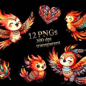 süßer Phönix mit Aztekenmuster Tier Aquarell Baby Feuervogel Fawkes PNG