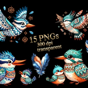 May include: A collection of digitally illustrated birds with intricate patterns in shades of blue, teal, orange, and white, set against a black background. The image includes the text "15 PNGs 300 dpi transparent".