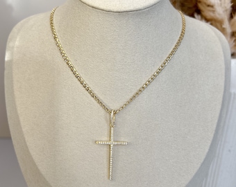 Stones Cross Pendant In A Cuban Chain  | 925 Sterling Silver Necklace | 14k Gold Plated Necklace | Elegant Necklace