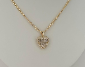 Baguette Heart Pendant In A Cuban Chain  | 925 Sterling Silver Necklace | 14k Gold Plated Necklace | Trendy Necklace
