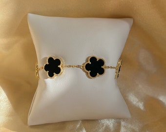 5 Clover Bracelet | 14k Gold Plated Bracelet | 925 Sterling Silver Bracelet | Black and Pearl Beacelet |Luxury Bracelet