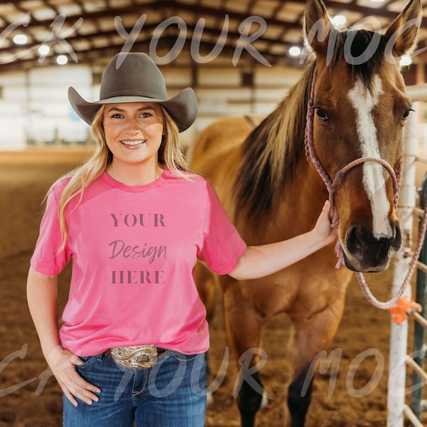 Western Model, Heather Charity Pink Canvas 3001 Mockup | Cowgirl Shirt Mockup | Pink Bella Canvas 3001 Mockup for POD or Printify