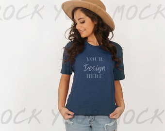 Heather Navy Bella Canvas 3001 Model Mockup | Shirt Mockup | Navy Blue Bella Canvas 3001 Mockup for POD or Printify