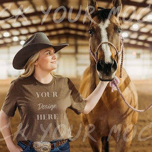 Western Model, Heather Brown 3001 Shirt Mockup | Cowgirl with Horse Mockup | Heather Brown Bella Canvas 3001 Mockup for Shirt Designers