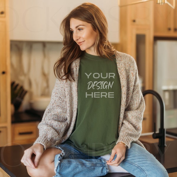 Model Mockup, Hemp Comfort Colors C1717 | Shirt Mockup | Green Comfort Colors C1717 Mockup for Shirt Designers