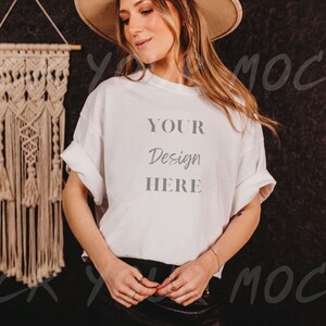 Comfort Colors C1717, White Shirt Mockup | Boho, Trendy Model Mockup | White Comfort Colors C1717 Mockup for Shirt Designers