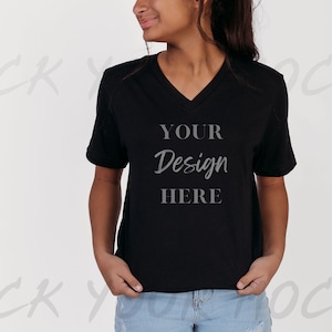 Black Bella Canvas 3005, V-Neck Shirt Mockup / Black Woman Model Mockup / Black Bella Canvas 3005 Mockup for POD or Printify