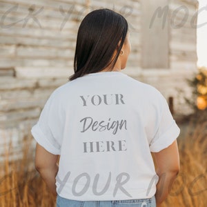 Back of Shirt, White Comfort Colors C1717 Mockup | Black Woman Model Mockup | White Comfort Colors C1717 Mockup for Shirt Designers