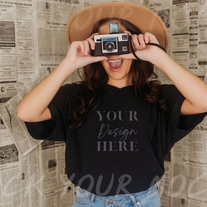 Black Comfort Colors C1717, Model with Camera Mockup | Shirt Mockup | Black Comfort Colors Mockup for POD or Printify