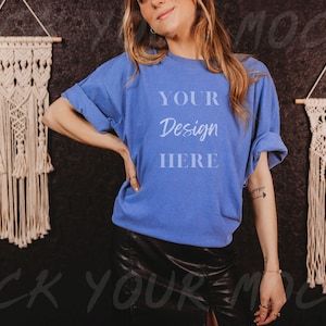 Comfort Colors C1717, Periwinkle Shirt Mockup | Boho Model Mockup | Periwinkle Comfort Colors C1717 Mockup for POD or Printify
