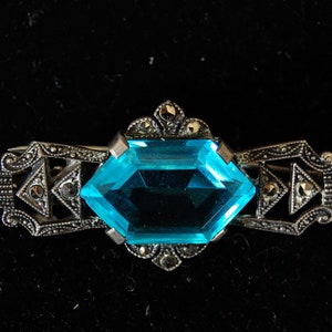 Art Deco Marcasite Silver Brooch Blue Stone