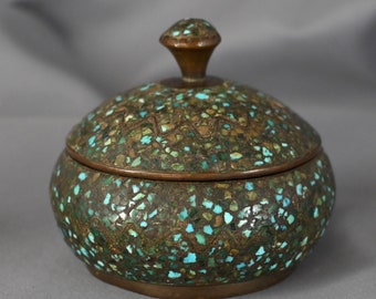 Made in India Turquoise Mosaic Brass Lidded Round Box