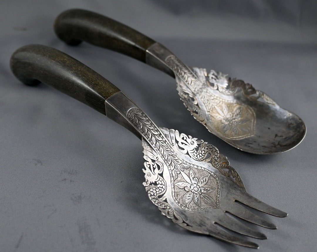 Malaysian Silver Engraved Serving Spoon & Fork, Salad Set Mohd Salleh
