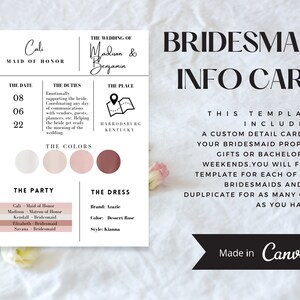 Druckbare Brautjungfer Info Karte Vorlage, Braut Party Info Karte, Brautjungfer Info Karte, Modern, Klassische Brautjungfer
