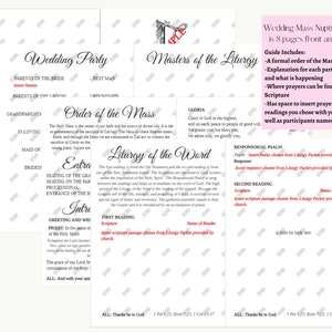 May include: A printable wedding mass nuptial guide with an 8-page format. The guide includes a formal order of the mass, explanations for each part of the mass, where prayers can be found in scripture, and space to insert prayers and readings.