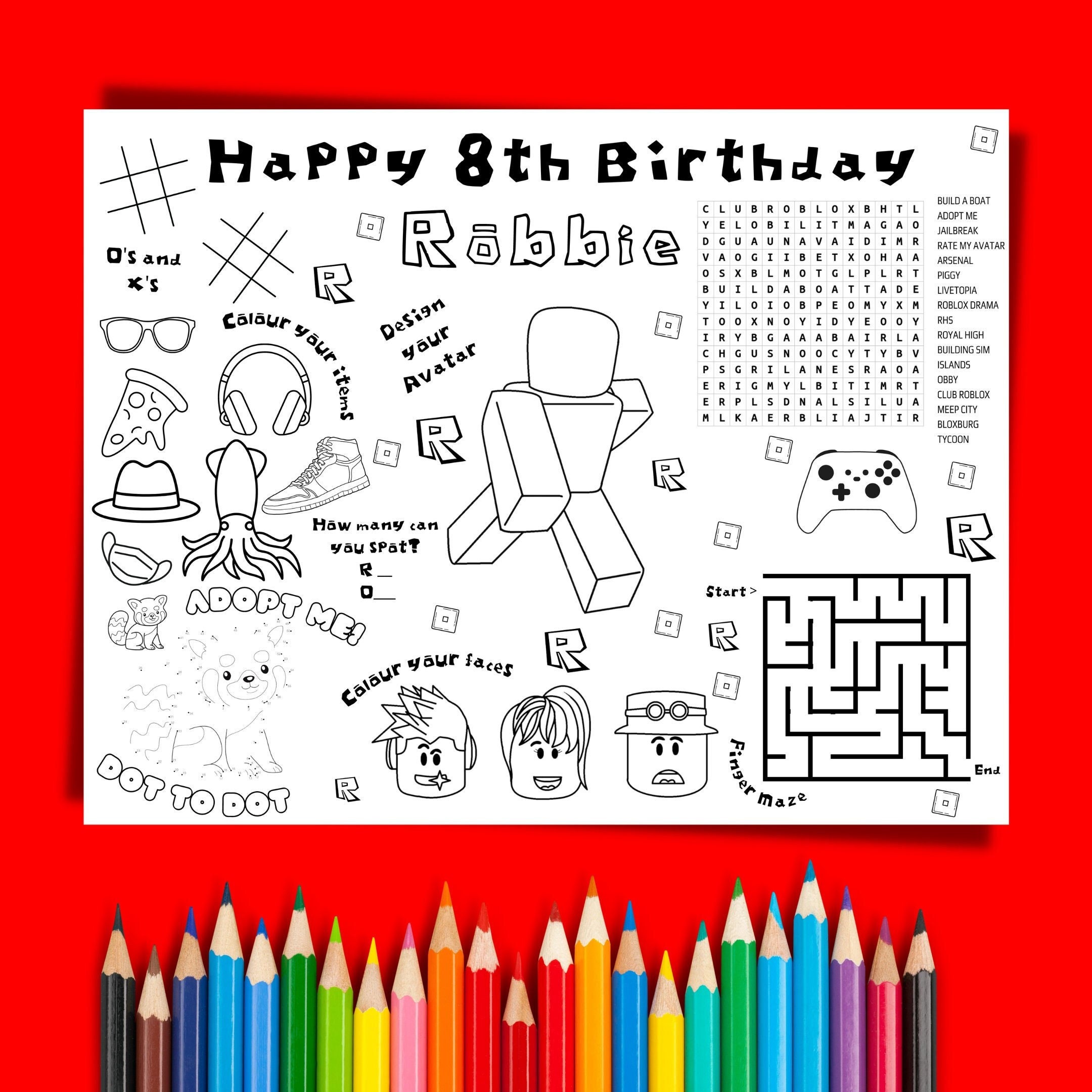 Personalised Roblox Party Colouring Sheet Activity Placemat - Etsy Australia