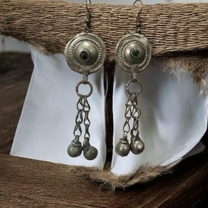 Vintage Afghan Turkman hippie handmade button done  unique silver dangly earrings