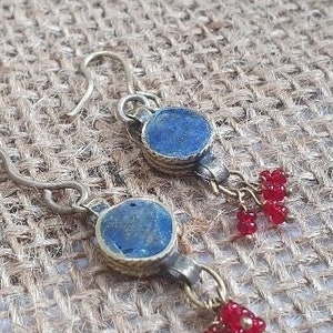 Kuchi Afghan Tribal Vintage Retro Boho Nomadic handcrafted Lapis lazuli, jade, and  Coral Earrings with tiny seed beads. X2 bundle
