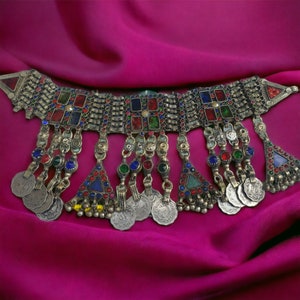 Kuchi Afghan, Vintage, handmade, beaded Choker, hanging dangles, Coins, and bells, triangular pendant