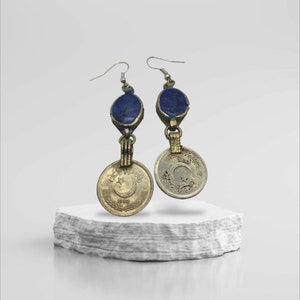 Kuchi Afghan Tribal Vintage Retro, handmade Coin Earrings, jade/lapis/Coral Stones.