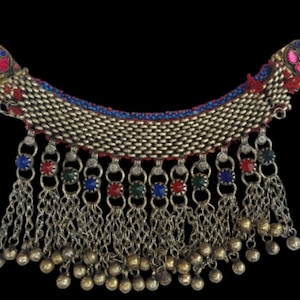 Kuchi Afghan, Vintage handmade, beaded Choker, hanging dangles, and bells, costume jewelry