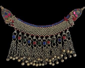 Kuchi Afghan, Vintage handmade, beaded Choker, hanging dangles, and bells, costume jewelry