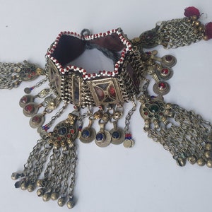 Kuchi Afghan, Vintage handmade, beaded Choker, pompom, hanging coins, bells and Pendants