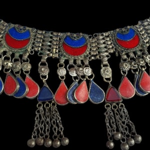 Kuchi Afghan Tribal Vintage Retro, Handmade Choker Necklace, Lapis Lazuli, and Coral, for women