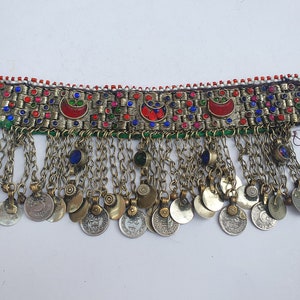 Kuchi Afghan, Vintage Retro, Boho Nomadic, handmade, beaded Choker, hanging dangles, Coins, and bells, costume jewelry