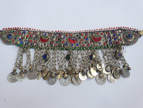 Kuchi Afghan, Vintage Retro, Boho Nomadic, handmade, beaded Choker, hanging dangles, Coins, and bells, costume jewelry