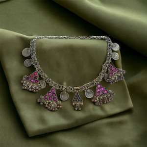 Afghan Tribal Vintage handcrafted Pink triangular Pendant Necklace with dangle, bells and coins.