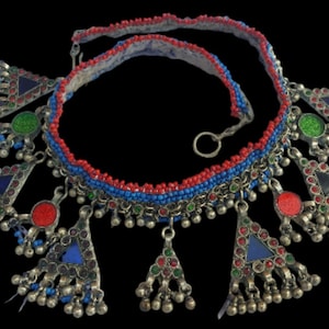 Afghan Tribal Vintage handcrafted multi-colour beaded triangular Pendant Necklace with dangles, bells
